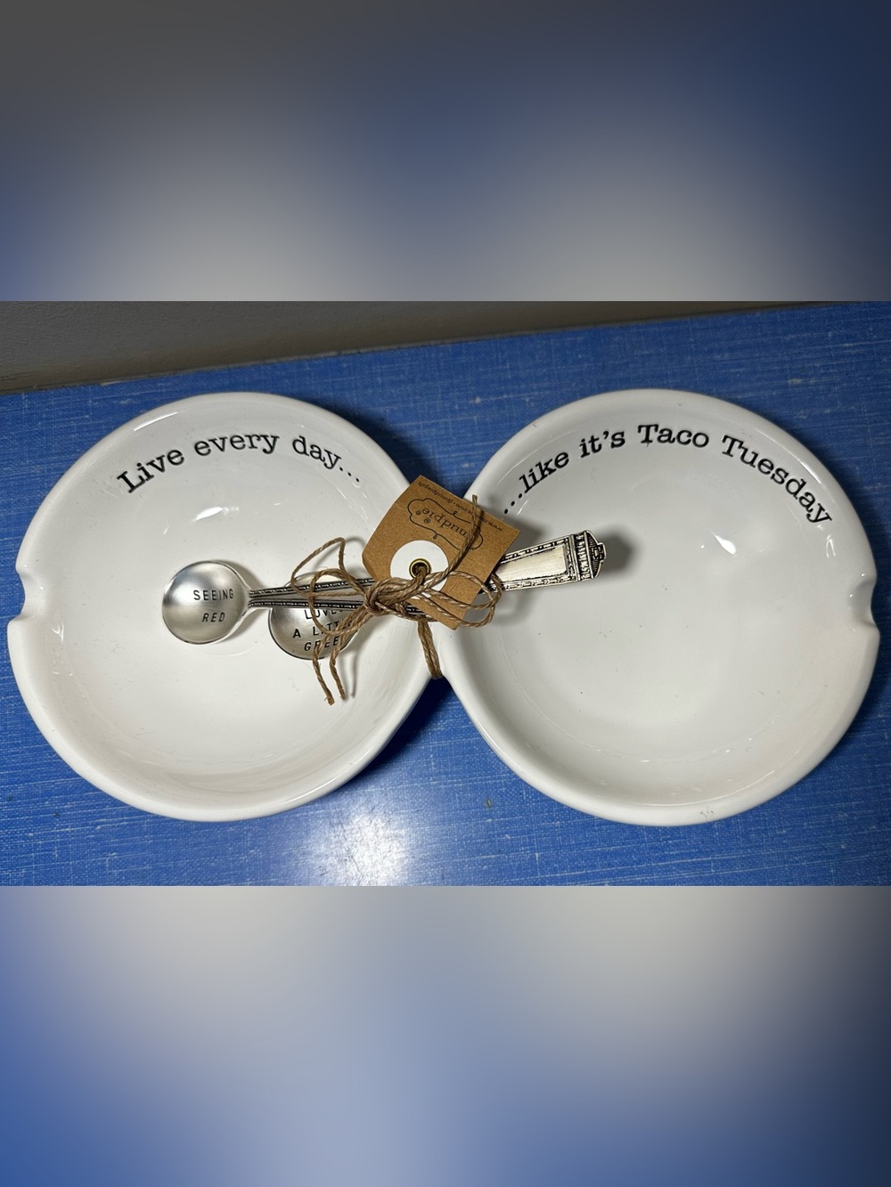 Ceramic Double Dipping Bowls with Decorative Spoons - White